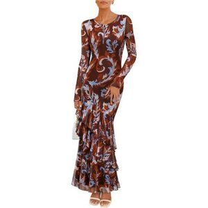 Women's Fall Floral Maxi Dress Brown